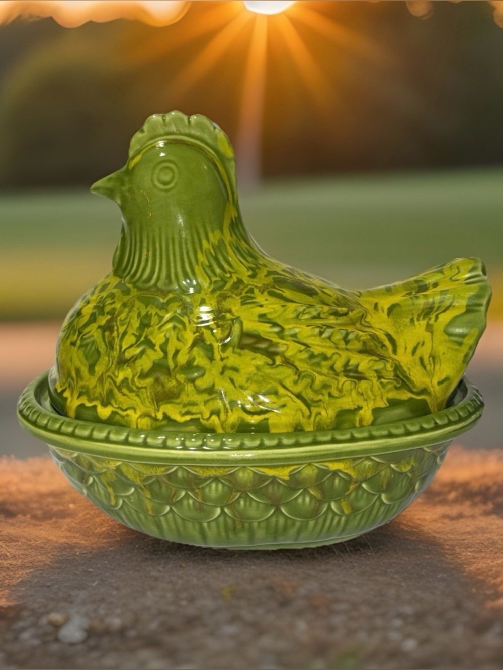 Vtg Green Yellow Drip Glaze Ceramic Hen on Nest Lidded Dish Farmhouse 9.5" USA
